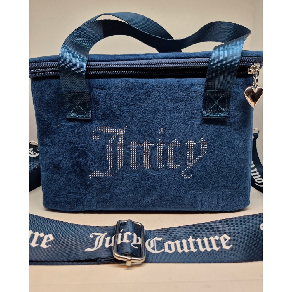 Juicy Couture Cooler Bag Woman Navy Blue Velour Rhinestone Logo Insulated Tote